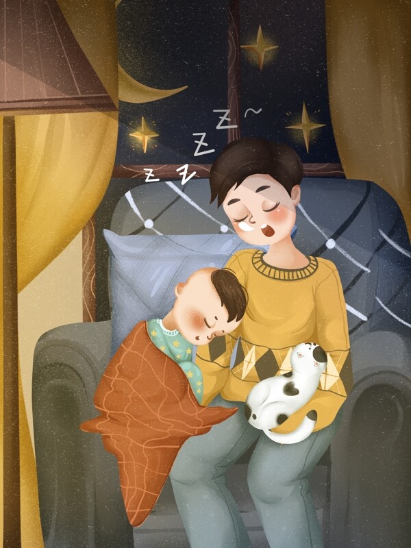 世界幸福日男孩和婴儿一起睡觉温馨场景插画