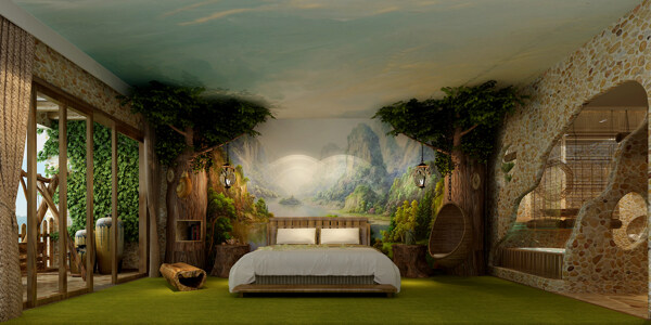 现代森系卧室大树装饰室内装修效果图