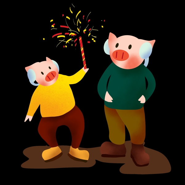 可爱猪猪新年烟花手绘插画