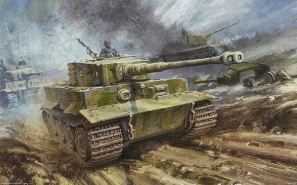 进攻中的二战德国虎式坦克高清油画