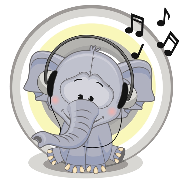 可爱听音乐的大象卡通矢量素材
