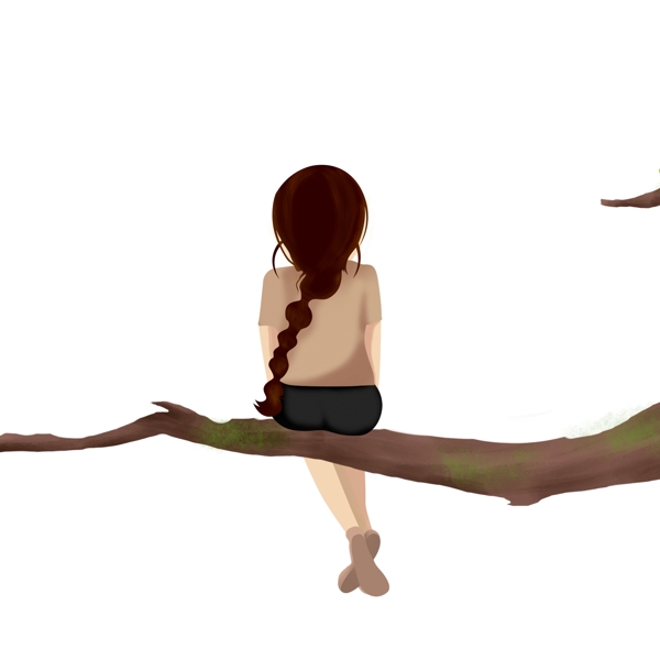手绘坐在树干上的女孩背影设计
