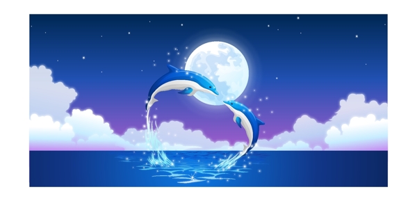 月光下的海豚矢量图背景图片