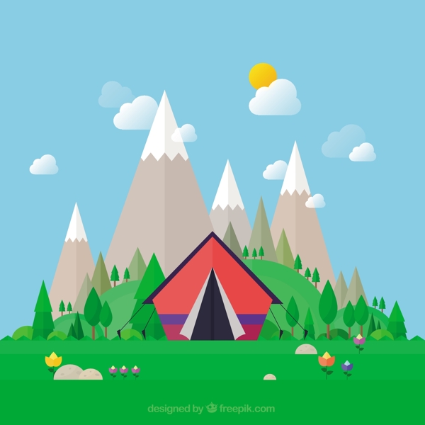 有山背景的野营帐篷