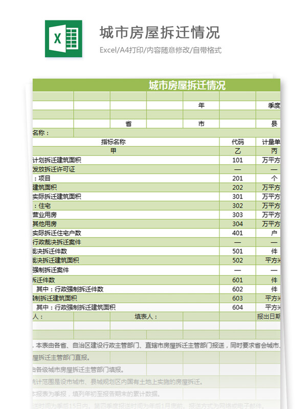 城市房屋情况excel模板