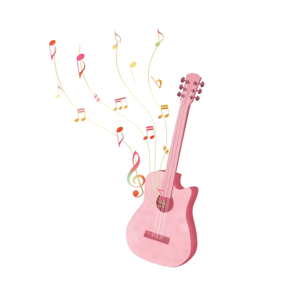 手绘渐变漂浮音符环绕乐器粉色吉他装饰图案