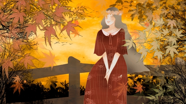 浪漫温馨秋分节气黄昏坐在木栅栏上的女孩