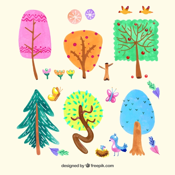 卡通树木和花鸟