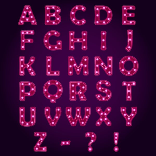 26个玫红色霓虹灯字母与3个符号矢量图