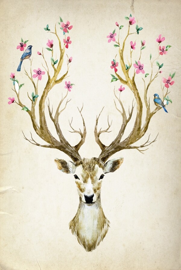 手绘麋鹿创意背景装饰画