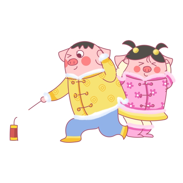 猪年动物猪卡通可爱插画原创放炮春节过年
