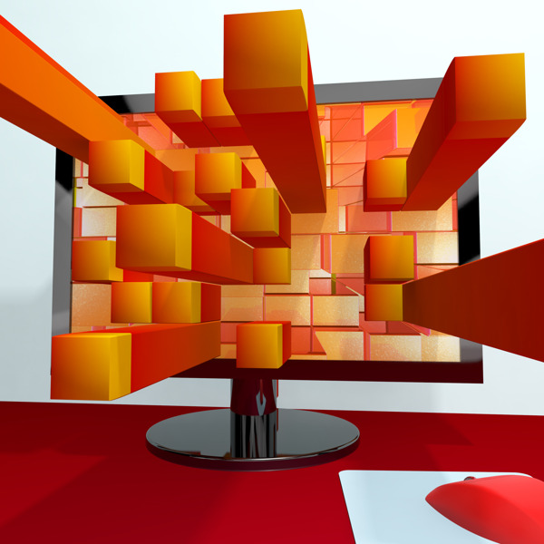 三维的橙色方块电脑显示器显示的三维图形软件或插图