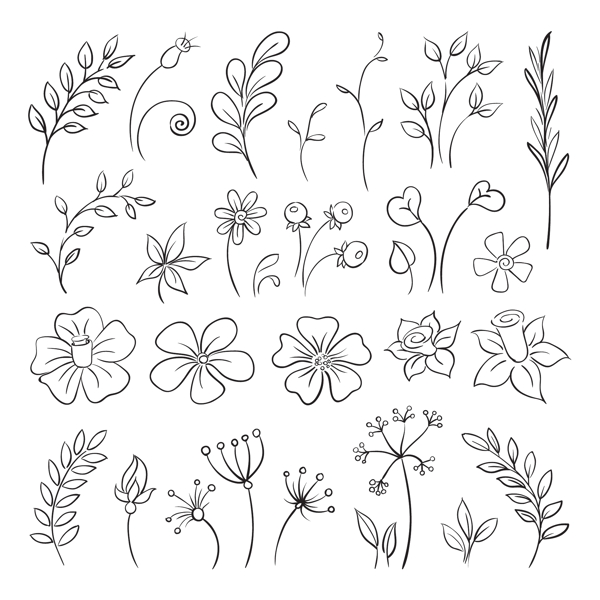 简单线条花朵树叶桂冠矢量插画设计