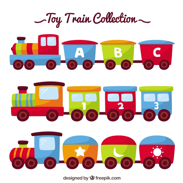 手绘彩色各种玩具火车矢量素材
