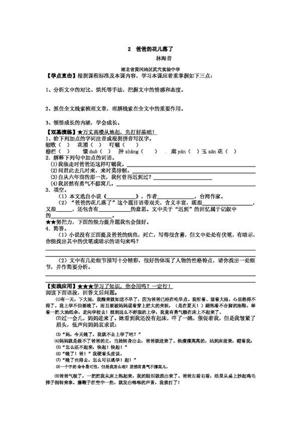 语文人教版语文七下爸爸的花儿落了同步练习