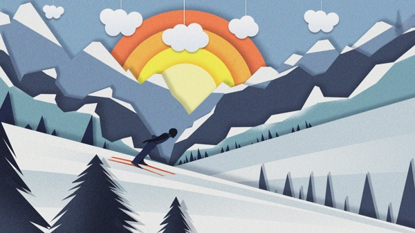 滑雪剪纸风格清新插画