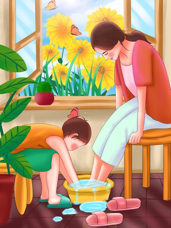原创手绘插画母亲节可爱的孩子帮妈妈洗脚