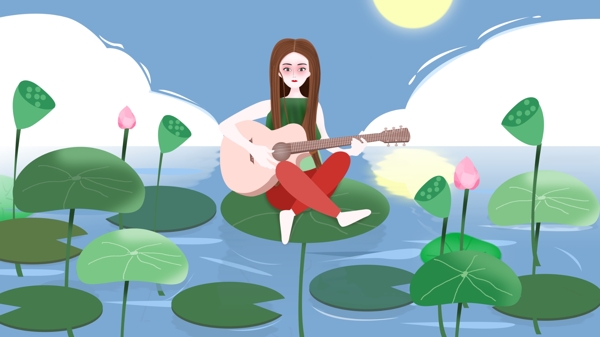 清凉夏季在荷花里女孩弹吉他小清新原创插画