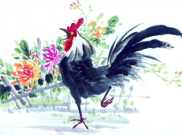 鲜花与公鸡装饰画图片