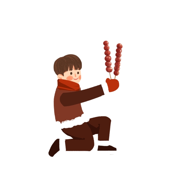 单膝跪地拿着糖葫芦的男孩卡通设计