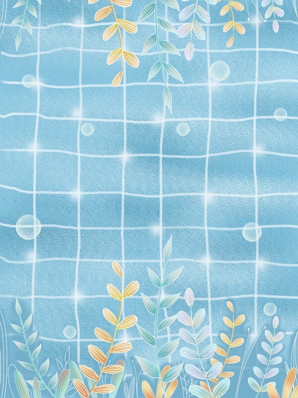手绘蓝色格子树叶夏季背景设计