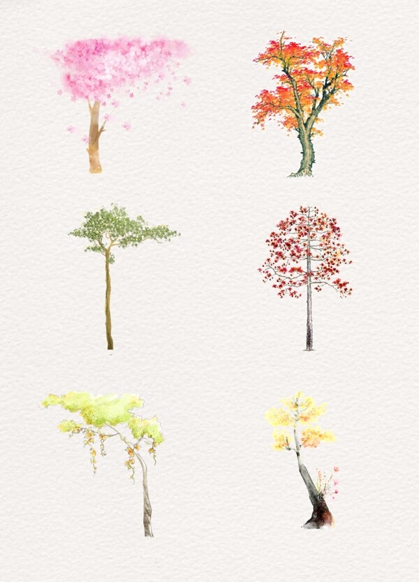 彩色水彩树木绘画