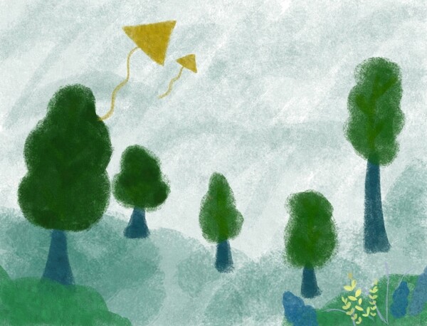 森林小清新放风筝插画背景素材