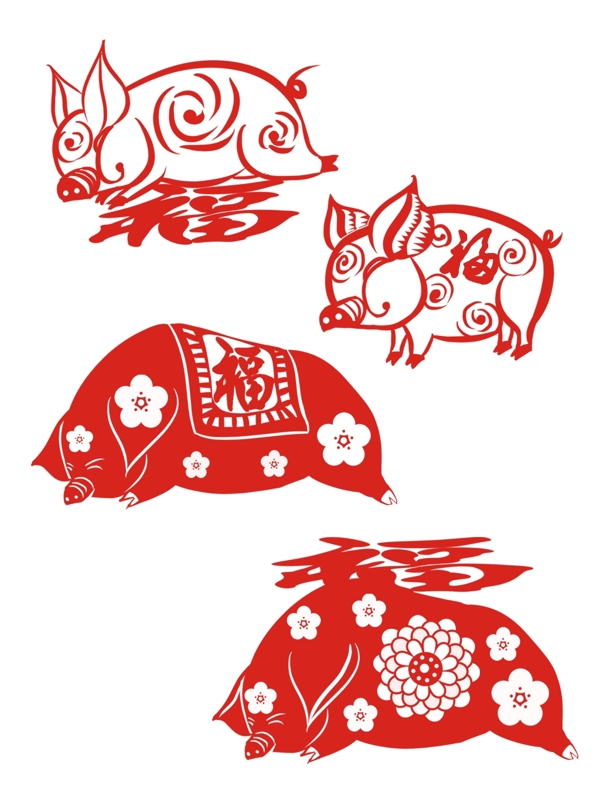 猪年春节传统节日可爱红色窗花猪套图素材