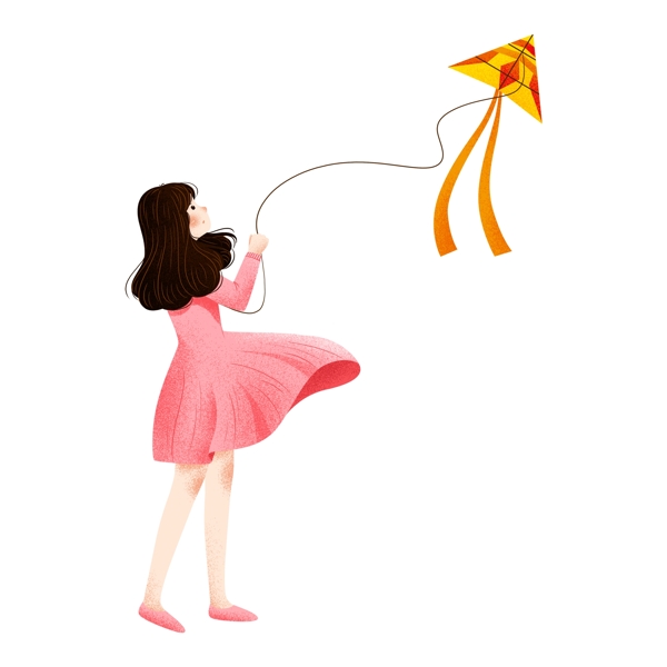 手绘放风筝的少女免抠元素