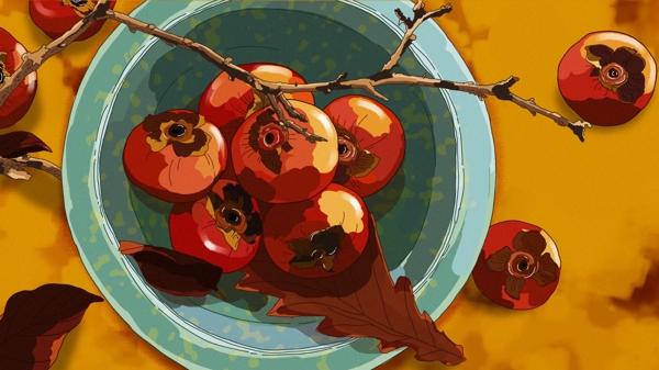 原创美味时令水果甜柿子美食手绘插画