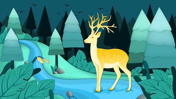 站立在森林溪水中的鹿剪纸风插画
