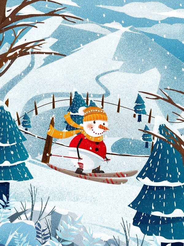 唯美冬季雪人雪人雪地滑雪冬天雪景插画