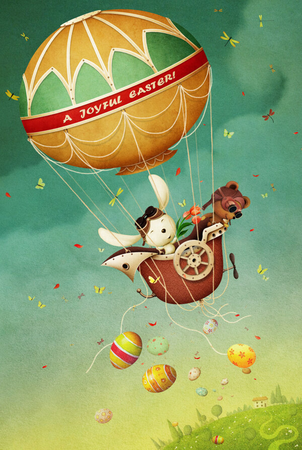 乘坐热气球的小动物插画高清