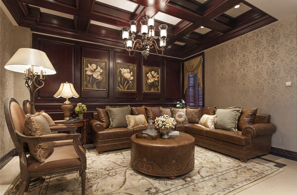 中式混搭客厅圆形褐色茶几室内装修效果图