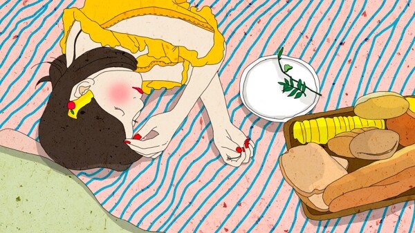 原创面包野餐睡觉的女孩小清新插画