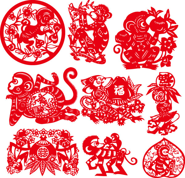 9款红色猴年剪纸矢量素材