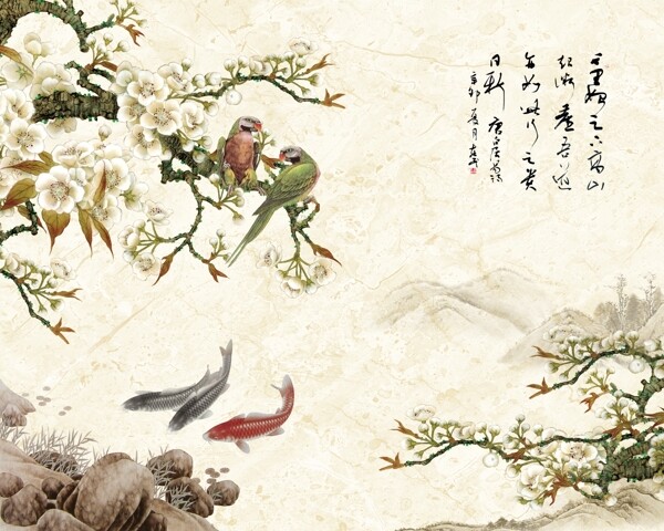 手绘工笔花鸟新中式背景墙装饰画