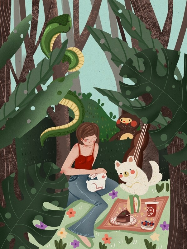 早安你好女孩在森林和小动物野餐温馨插画
