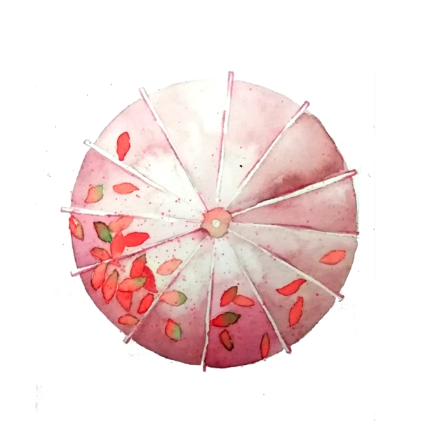 油纸伞水红叶子水彩PNG