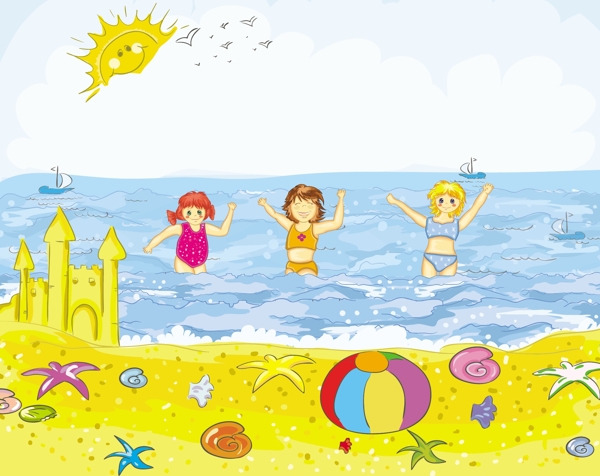 沙滩海边快乐玩耍的孩子们图片