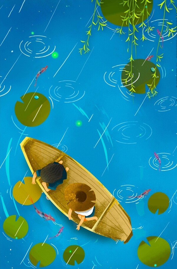 荷叶雨季鱼塘池塘玩耍卡通背景