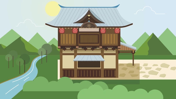 日式古风建筑扁平矢量插画