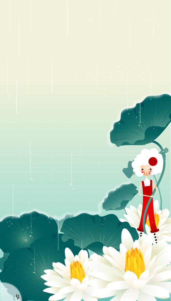 韩国插画荷花下看雨的女孩