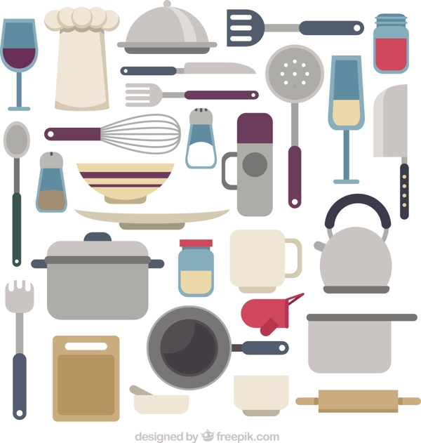 手绘各种厨具餐具平面设计素材