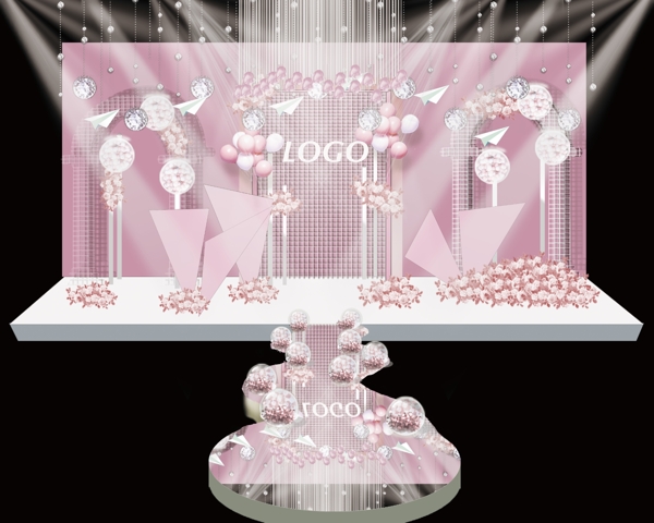 粉色曲线舞台气球三角婚礼效果图