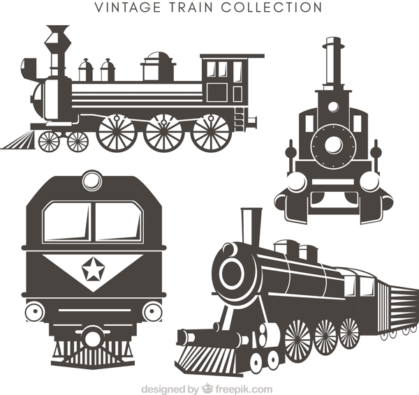 手绘各种老式火车插图