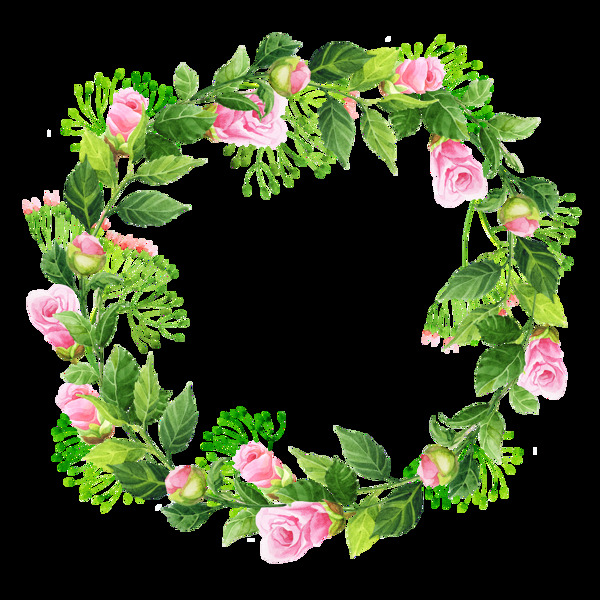 手绘粉色花卉绿色花环png透明素材