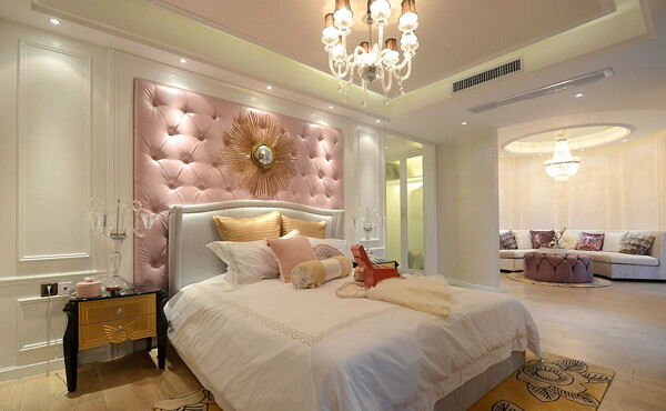 中式粉色室内卧室大床背景墙效果图