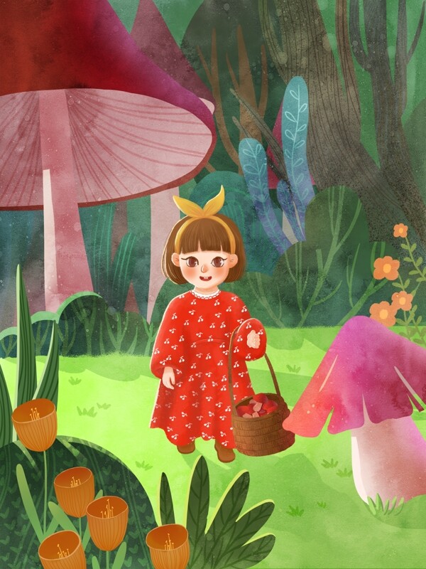 春天你好之采蘑菇的小女孩