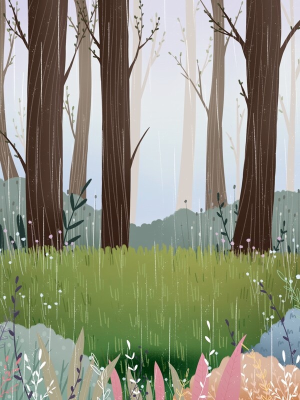 彩绘二十四节气雨水丛林背景素材